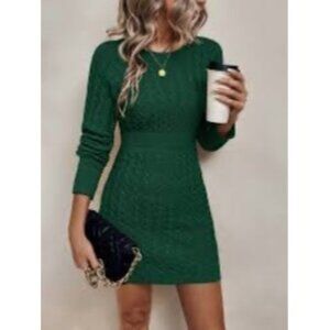 Women's Casual Solid Color Round Neck Cable Knit Sweater Dress Size S